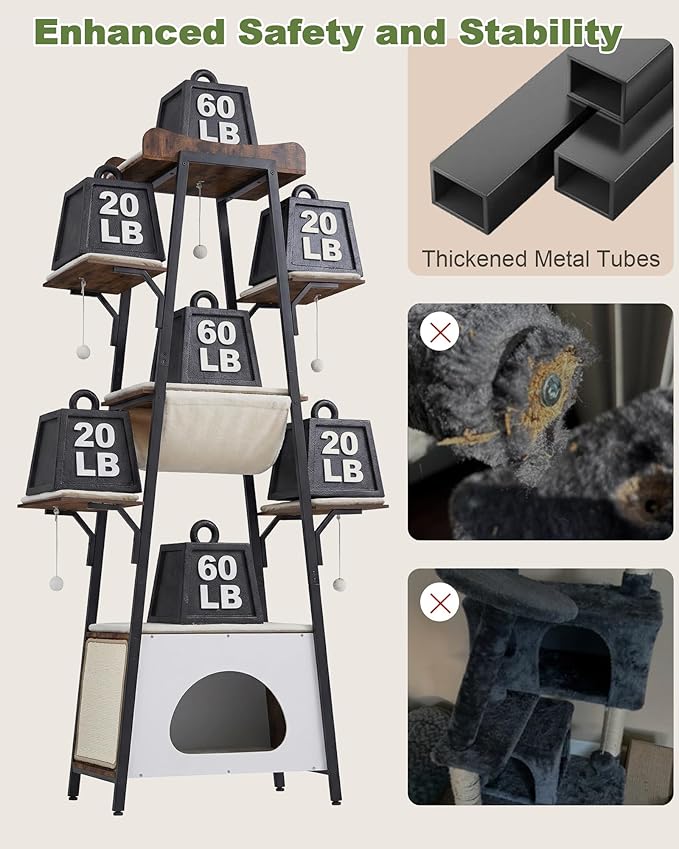 74-Inch Modern Cat Tree Tower for Large Cats, Multi-Level Cat Tower with Scratching Board, Large Perch, Hammock, Removable Pads, White