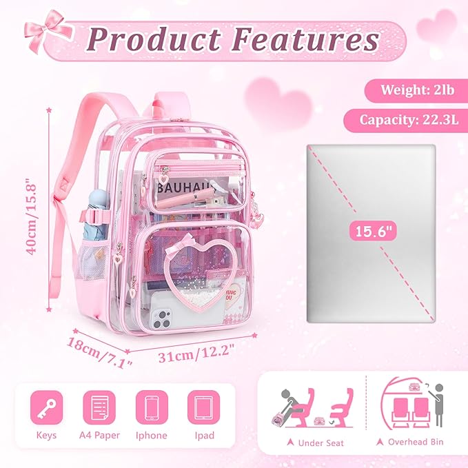 Clear Backpack for School Girls, Cute Heavy Duty PVC Transparent Bookbag, See-Through Bag for Stadium Event Pink