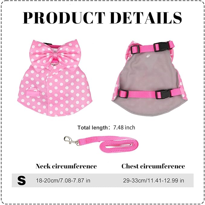 Bunny Harness and Leash Set, Soft Mesh Rabbit Harness with Bow, Adjustable Escape Proof Vest for Small Pets Rabbits Kittens Guinea Pigs (Pink Polka Dots, S)