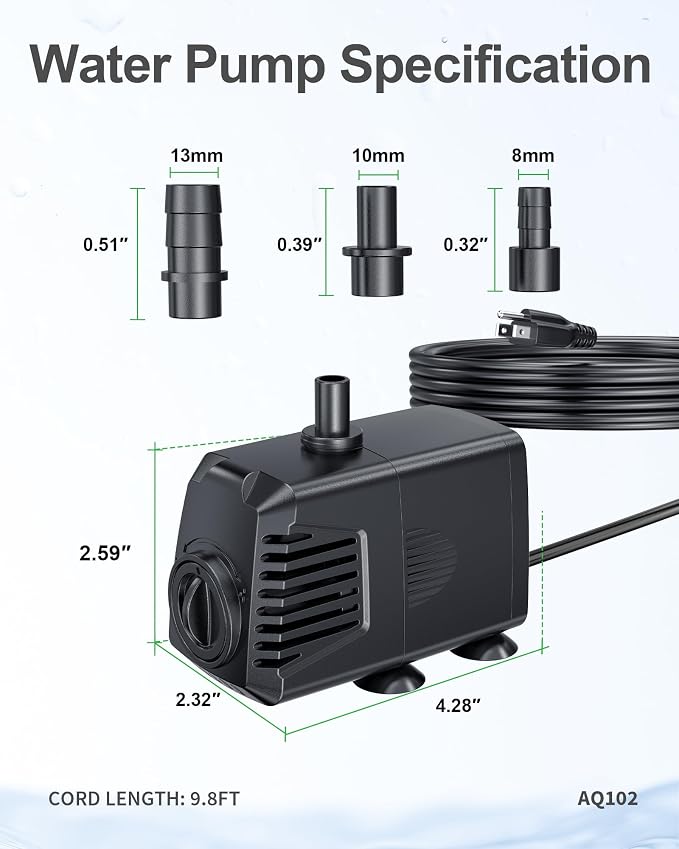 200GPH Submersible Pump(700L/H, 12W), Ultra Quiet Fountain Pump with Over Heating Protection & Filter Sponge 5.9ft High Lift for Pond, Fish Tank, Aquarium, Hydroponics, Waterfall Q102