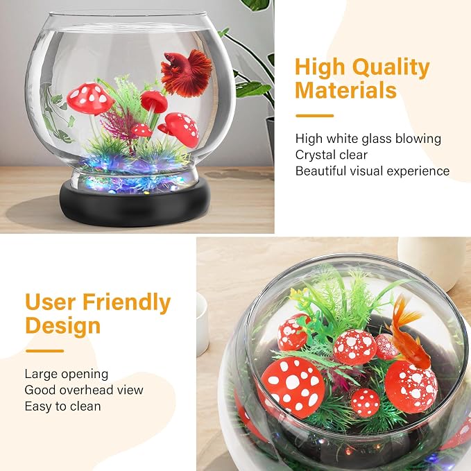 hygger 0.5 Gallon/1 Gallon Glass Fish Bowl with LED Light and Decor, Small Round Betta Fish Tank Goldfish Bowl, Round Clear Unbreakable Aquarium/Vase/Hydroponic Plant Terrarium, Nice Centerpieces