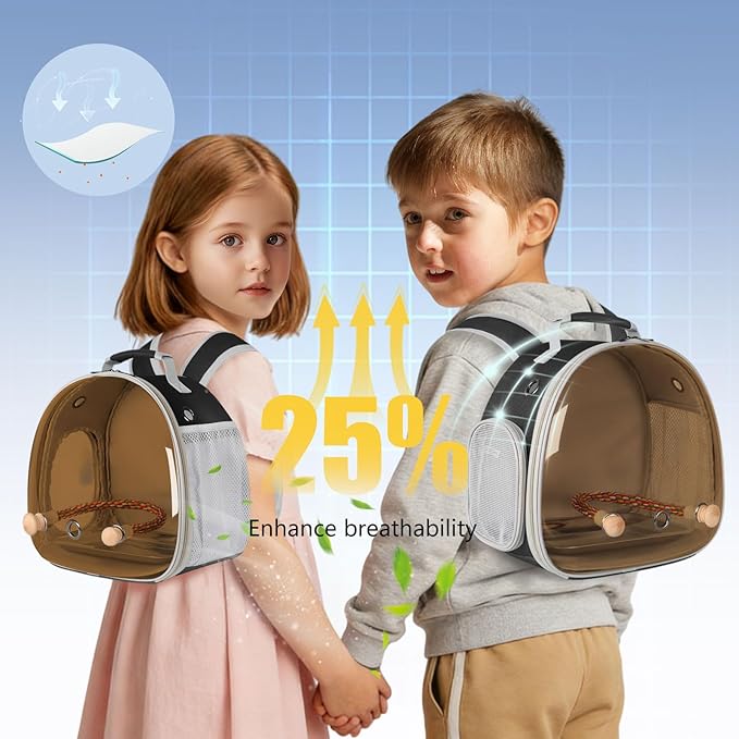 Bird Travel Backpack Carrier with Metal Tray and Standing Perch, Polarized Tint Brown Space Capsule Astronaut Bubble Hard Window