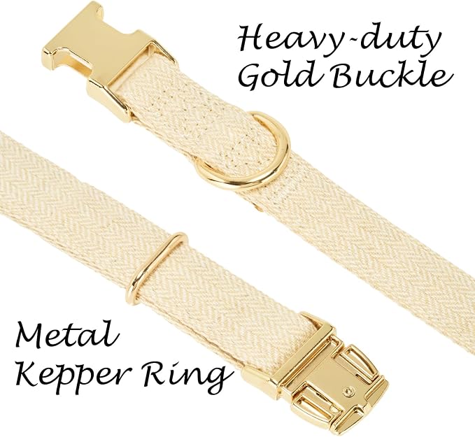 Luxury Soft Cotton Tweed Fabric Dog Collar & Leash Set with Gold Buckle – Durable Fabric, Stylish Design for Everyday Walks(Medium Cream)
