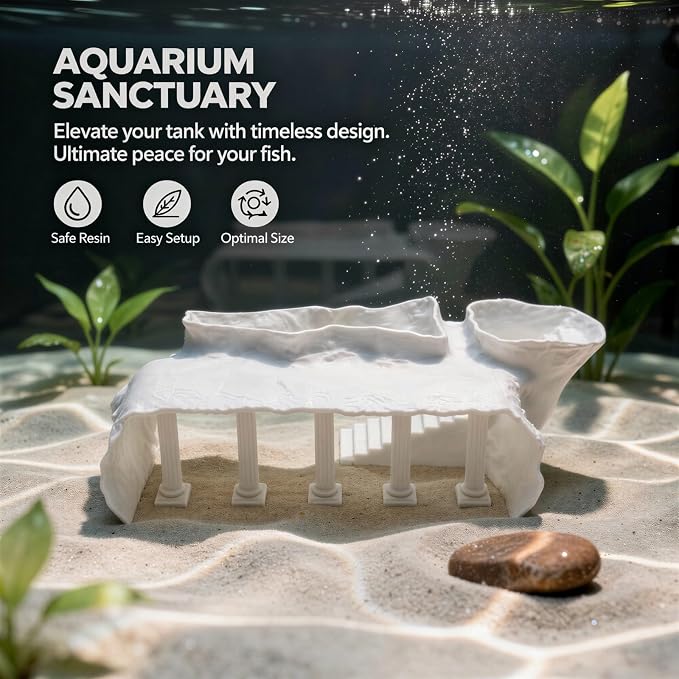 Roman Column Fish Tank Decoration, White Resin Aquarium Ornament, Realistic Ancient Castle Design, Multiple Entry Points, Safe Cave Hideout for Fish
