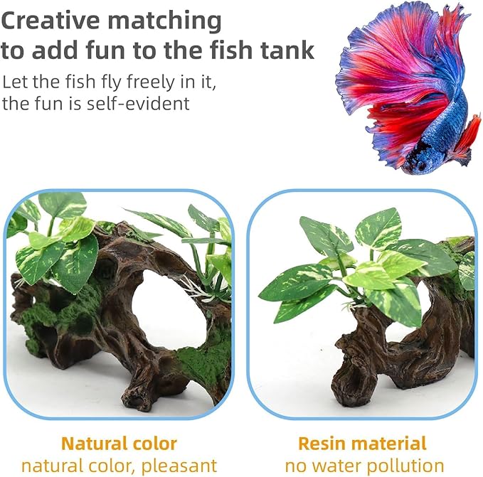 Fish Tank Decorations, Artificial Driftwood with Plants Aquarium Decor Ornaments for Betta Fish Hideout, Natural Aquarium Decoration Adds Color and Shelter