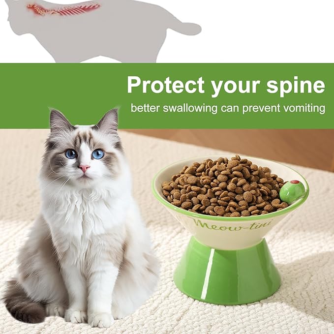Elevated Cat Bowls Whisker Friendly. Ceramic Raised Whisker Fatigue Cat Bowl for Indoor Cats Protect The Spine and Prevent Vomiting,Meowtini Cat Bowl. KGCCIZI