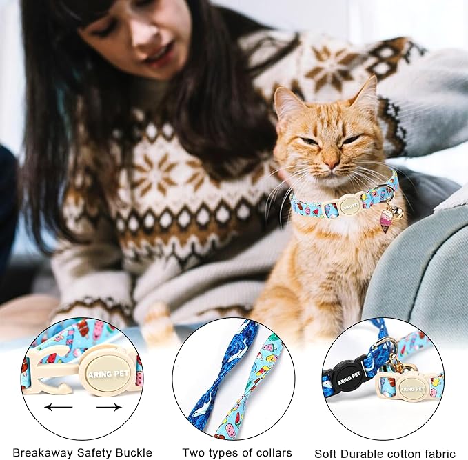 ARING PET 2 Pack Cat Collars with Bell, Cute Soft Cotton Kitten Kitty Breakaway Summer Cat Collars for Boy Girl Cats-Blue Ice Pop & Whale