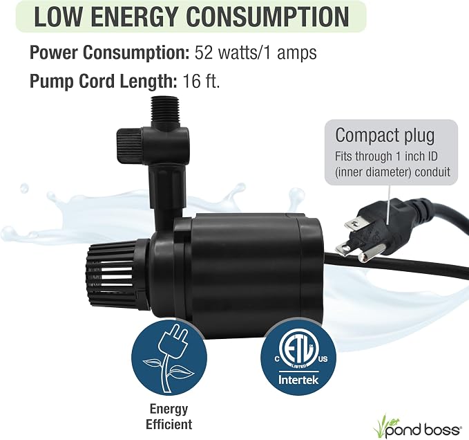 pond boss 800 GPH Submersible Water Pump for Hydroponics, Aquaponics, and Ponds – Adjustable Flow, Quiet Operation, Threaded Adapter, 16 ft Cord