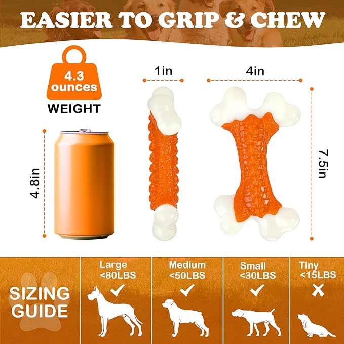 Kseroo Indestructible Dog Toys for Aggressive Chewers: Peanut Butter Flavored Hard Nylon Bone Chew Toys, Tough Dog Chew Toys for Large Dogs, Dog Toys to Keep Them Busy for Medium Large Breed, Orange