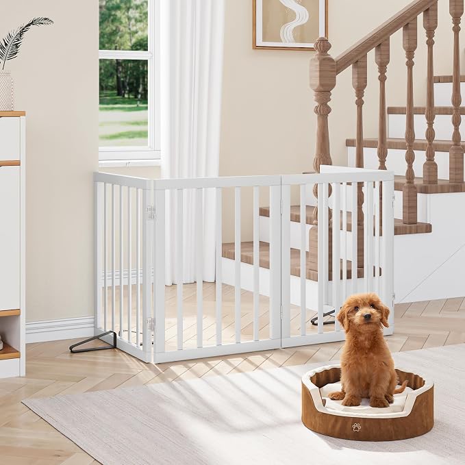 Semiocthome Bamboo Dog Gate with 2 Stands, Freestanding Puppy Gate for Doorways & Stairs - 24" Height, 4 Panels, Adjustable White Safety Fence