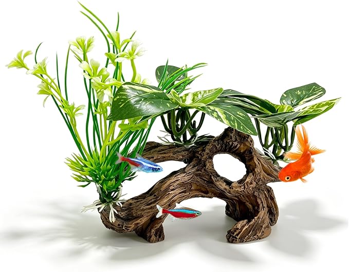 Fish Tank Decor, Artificial Driftwood Cave with Silk Aquarium Plants | Realistic Hideout Ornament for Betta, Small Fish – Aquascaping Accessory with Natural Look, Safe for Freshwater Tanks