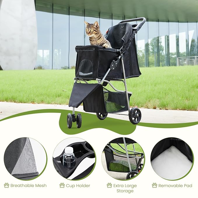 Sweetcrispy 3 Wheels Pet Stroller for Small Dogs and Cats, Foldable Dog Stroller with Mesh Windows, Storage Basket and Cup Holder, Lightweight & Durable Pet Carrier for Travel, Outdoor Use, Black