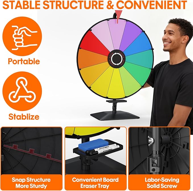 24 Inch Prize Wheel,Tabletop Heavy Duty Spinning Wheel for Prizes, Prize Wheel Spinner with Stand & 12 Slots & Dry Erase & Eraser for Party, Carnival, Trade Show, Classroom Activities,Spinning Game