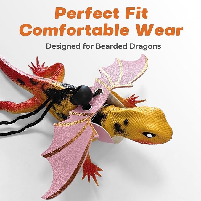 Dinosaur Wing Leash Harness for Bearded Dragons - 3-Size Adjustable Reptile Harness Set, Safe Escape-Proof Design for Lizards, Geckos, Iguanas & Small Pets (Pink)