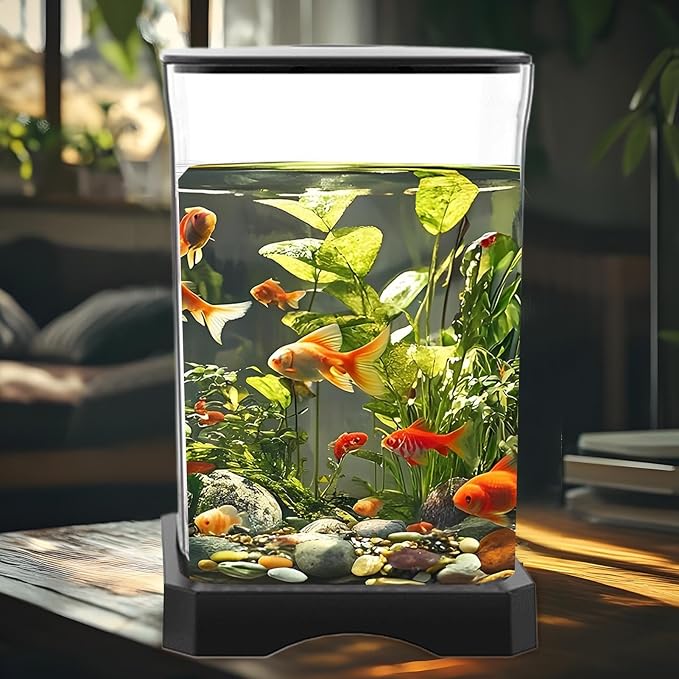Small Fish Tank - Acrylic Aquarium, Compact LED Lighting Bowl, Modern Betta Container, Design | Desktop Decoration for Home Office, Mini Fish Habitat, Bedroom Display, Small Space