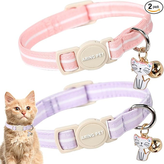 ARING PET 2 Pack Cat Collar-Cute Cotton Cat Collar with Bell & Pendant, Adjustable Pink Lavender Striped Kitten Collars with Safety Buckle for Girl and Boy Pets