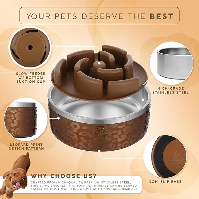 FAHRMOSIS 32 Oz Dog Bowl with Slow Feeder Insert Stainless Steel Pet Water Bowl for Medium & Large Breed Non Slip Rubber Base & Plastic Puzzle Feeder - Gold Leopard