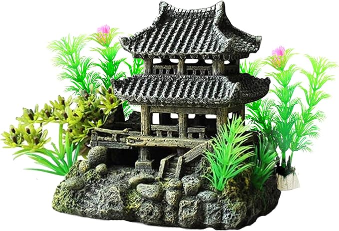Classical Temple Aquarium Decorations Asian Castle Thematic Safe Resin Ornaments with Plastic Plants Small Fish House Hideout Decor Hiding Places for Freshwater and Saltwater Fish Tank Accessories