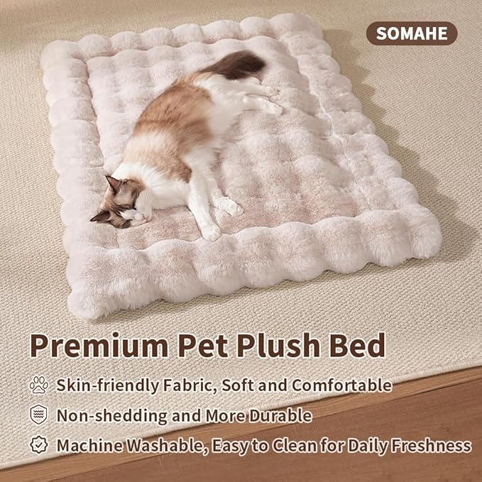 SOMAHE Cat Bed Mat, Soft Plush Faux Fur Kneading Pet Bed, Machine Washable Cat Sleeping Pad for Indoor Cats & Kittens, Non-Slip Fluffy Cat Rug for Couch Sofa Floor, 23x15 Inch White