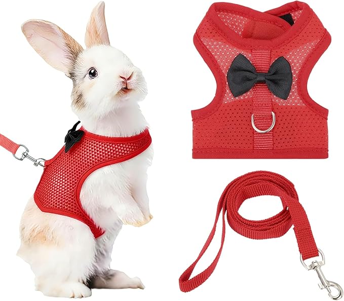 Rabbit Harness and Leash, Small Pet Cute Vest Harness Leash Soft Adjustable Buckle Breathable Mesh (S, Red) for Bunny Kitten Small Pig Puppies Camping Hiking Training