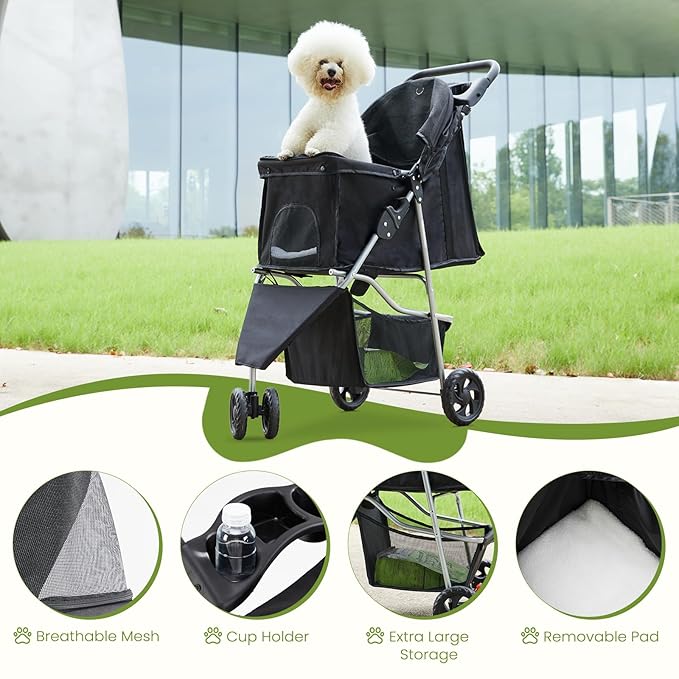 3 Wheel Pet Stroller for Dogs and Cats, Foldable, Lightweight and Durable, Ideal for Small to Medium Pets, Includes Storage Basket and Cup Holders, Black