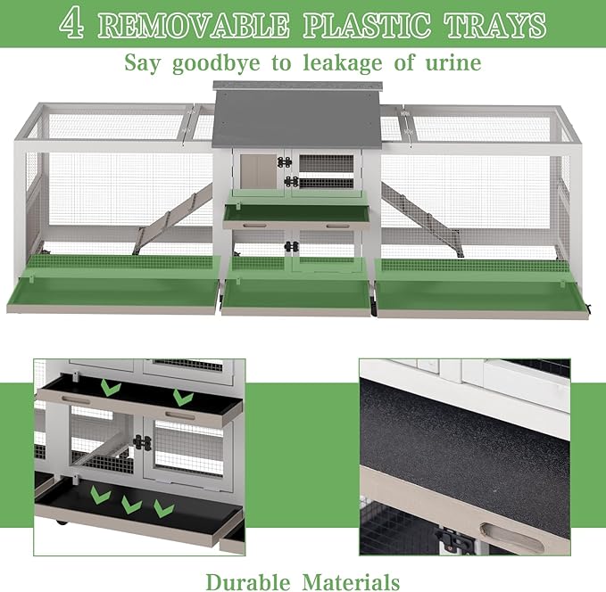 Gowoodhut 2-Story 93.1"L Rabbit Hutch Indoor and Outdoor with 8 Wheels,Wooden Rabbit Cage with 4 Pull Out Leak-Proof Trays for 2-4 Rabbits,Bunny Hutch with Asphalt Roof Bunny Cage with 7 Accesses,Grey