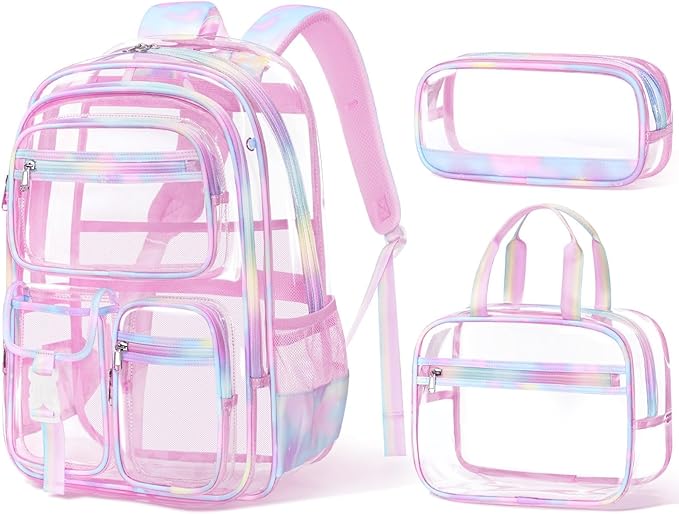 Fimibuke Clear Backpack for Girls, 3PCS Heavy Duty PVC Transparent Girls Backpack with Lunch Box & Pencil Case School Stadium Approved Cute Toddler School Bookbag for Preschool Kindergarten Elementary