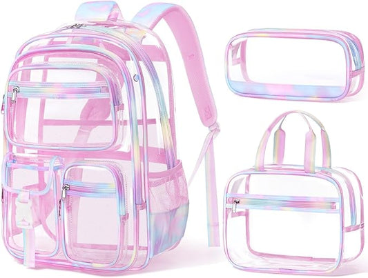 Fimibuke Clear Backpack for Girls, 3PCS Heavy Duty PVC Transparent Girls Backpack with Lunch Box & Pencil Case School Stadium Approved Cute Toddler School Bookbag for Preschool Kindergarten Elementary