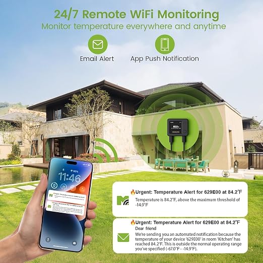 2 Pack WiFi Freezer Alarm Refrigerator Thermometer, App Alerts | Two-sensor freezer/fridge alarm for two rooms or two homes, alerts on power outage or WiFi loss, +/-0.9F at -40F, no hub