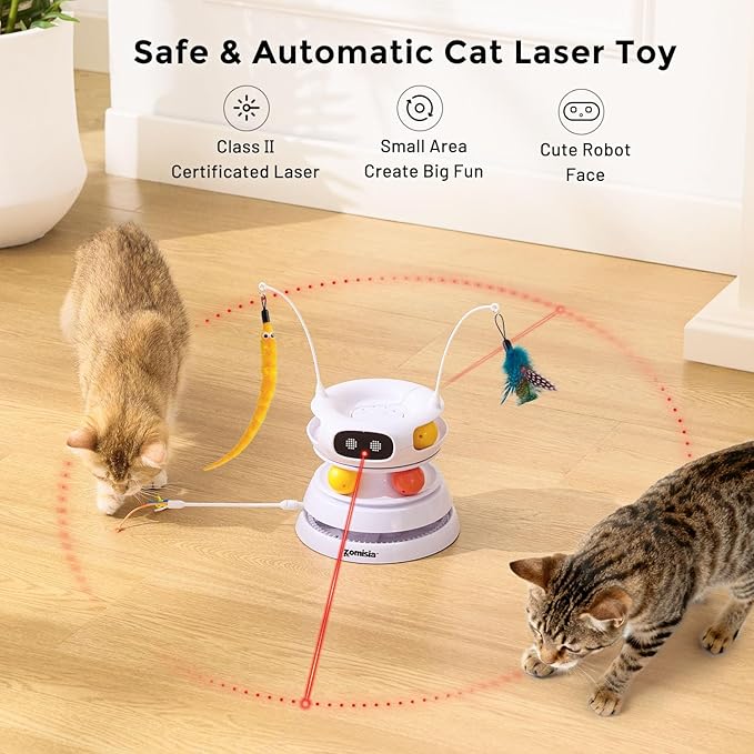 ZOMISIA Interactive Cat Toys for Indoor Cats, 5 in 1 Rechargeable Automatic Cat Toy with Laser, Motion Activated and Hide and Seek, Fluttering Feather & Dual Track Balls with Chirping for Bored Cats