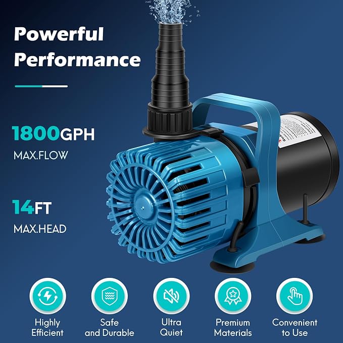 TONGCHANT 1800 GPH Pond Pump for Fish Pond Fountain & Waterfall, 14FT Lift | 100W Submersible Water Pump with 180° Rotatable Nozzle, Filter Bag & 20FT Cord, Ultra-Quiet Operation, UL listed
