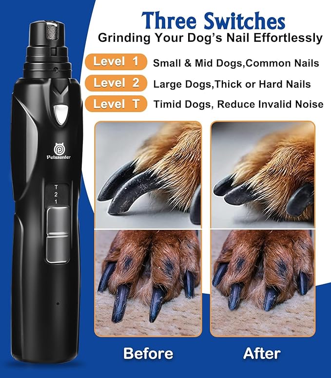 Petsaunter Dog Nail Grinder, 3 Grinding Heads, 2-Speed, LED Light, Touch-Switch, TypeC, Quiet, Low-Vibration, Dog Nail Trimmers for Large, Medium, Small Dogs & Cats with Hard/Thick Nails (U-Black)