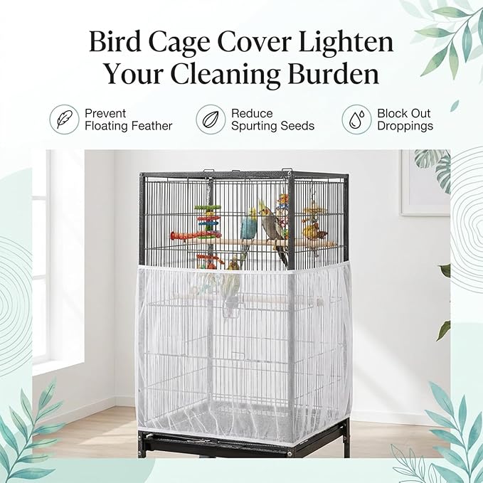 White Bird Cage Seed Catcher, Universal Bird Cage Seed Catcher Adjustable Soft Airy Nylon Mesh Net Lightweight Mesh Skirt for Parrot Cages Stops Scatter Round Square Cages