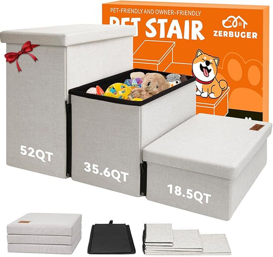 Zerbuger Dog Stairs with Storage 18" H, 3-Step Wider Dog Steps for Small/Medium/Large Old Dogs Cats, Folding Sturdy Pet Stairs Climbing Bed or Couch, Ramp for Car Up to 200 lbs (Beige, No Condo)
