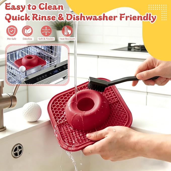 PetsHome Slow Feeder Dog Bowls & Lick Mat for Liquid and Thick Treat, Anti-Slip Dog Lick Bowl with Interactive Rolling Ball, 5/6 Cup Pup Licking Toy for Large Medium Small Dogs and Cats Red