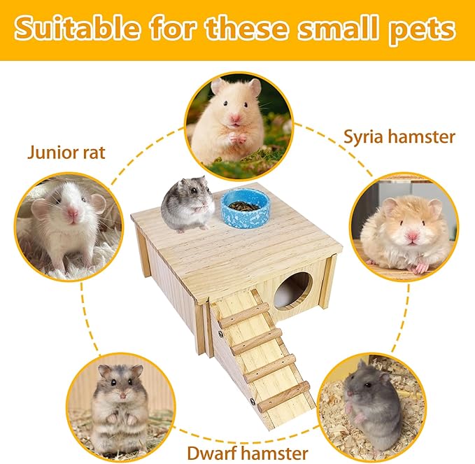 Hamster Wooden House with Ladder Hamster Wood Hideout Activity Platform Exercise Climbing Hut Natural Living Wood Room for Syrian Hamster Gerbil Mice Rat