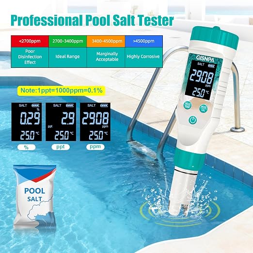 Chlorine Tester & Pool Salt Tester, Digital Pool Water Tester, Pool pH Tester 7 in 1 FAC Digital Salinity Tester for Saltwater Aquarium Sodium Chloride Swimming Pools Hot Tubs Spas