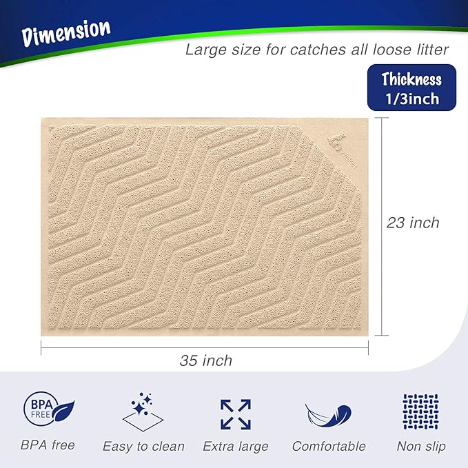 WePet Cat Litter Box Mat(No. 02-2), Kitty Premium PVC Pad, Durable Trapping Rug, Phthalate Free, Urine-Resistant, Scatter Control, L 35 x 23, Beige