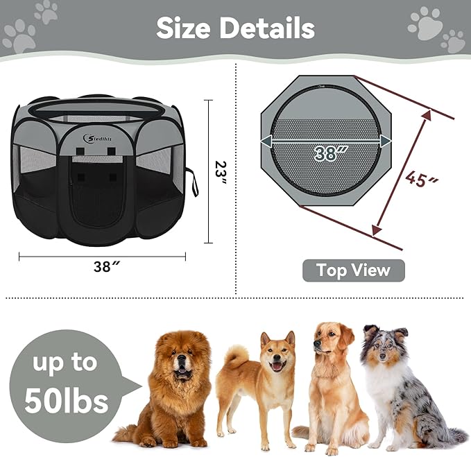 Siedihit Dark Grey Puppy Playpen for Large Dog Cat, Dogs Tent Crates Cage Indoor/Outdoor, Portable Pop Up Dog Kennel with Carrying Bag for Rabbits, (Dark Grey, Large)