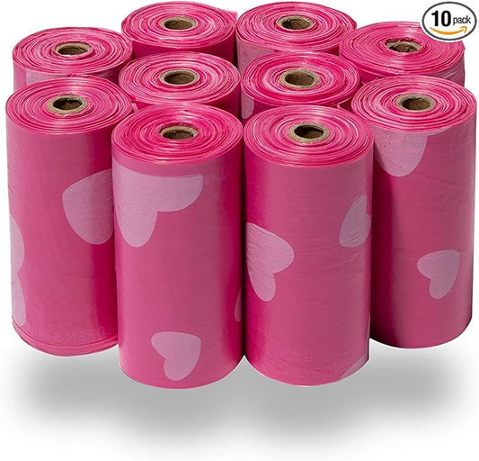 Best Pet Supplies Dog Poop Bags for Waste Refuse Cleanup, Doggy Roll Replacements for Outdoor Puppy Walking and Travel, Leak Proof and Tear Resistant, Thick Plastic - Pink Heart, 150 Bags