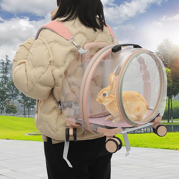 Cat Carrier with Wheels, Breathable Cat Rolling Carrier with Telescopic Handle, Bubble Cat Backpack Carrier, Clear Pet Travel Bag for Small Dogs Pets, up to 19lbs, 15.7" x 10.6" x 17.7" (Pink)