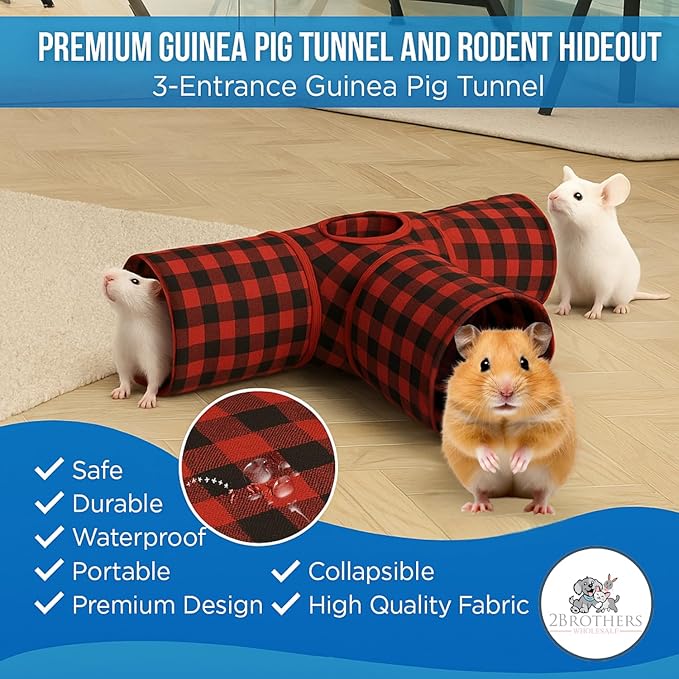 Tunnels with 3-Way Entrance - Cozy, Washable Guinea Pig Hideout - Interactive Cage Toys (Red Plaid)