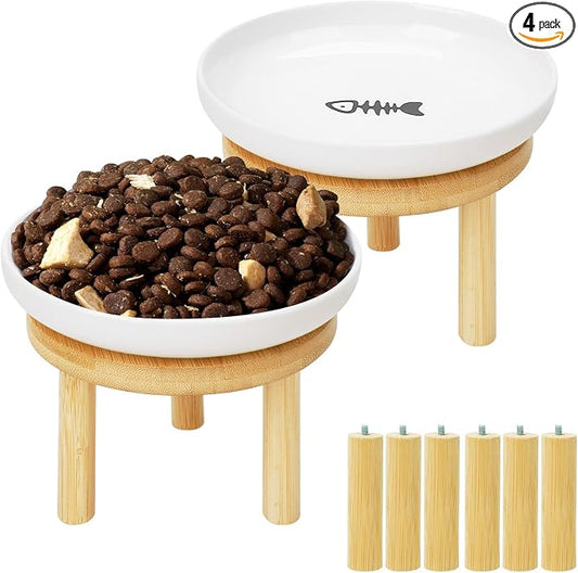 Shallow Elevated Cat Bowls with Bamboo Stand, 5.9 Inch Wide Ceramic Cat Dish Whisker Friendly, 2 Pack Pet Food and Water Plates