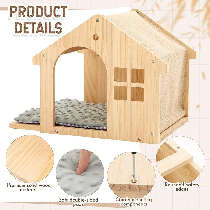 2 Pack Solid Wood Cat Wall Shelves, Wall-Mounted Box Condo House Perches with Washable Cushions, Stable Design for Small to Medium Cats, Space Saving Furniture