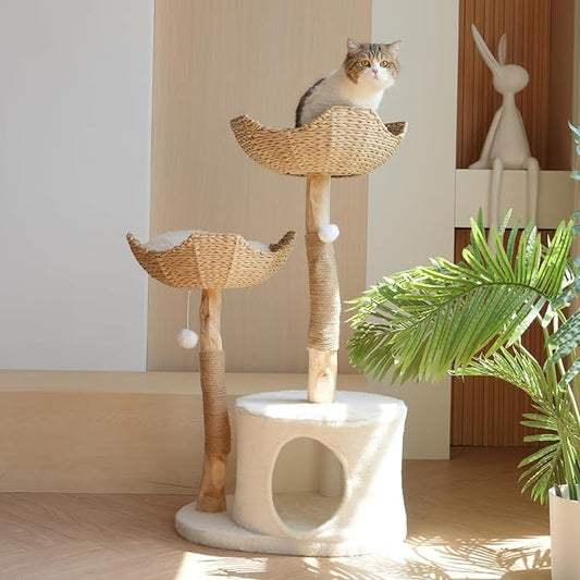 Natural Modern Cat Tree Tower – Wooden Cat Condo with Dangling Ball, Cozy Baskets, Scratching Posts, for Large Indoor Cats, Solid Wood Aesthetic Pet Furniture(43" Tall)