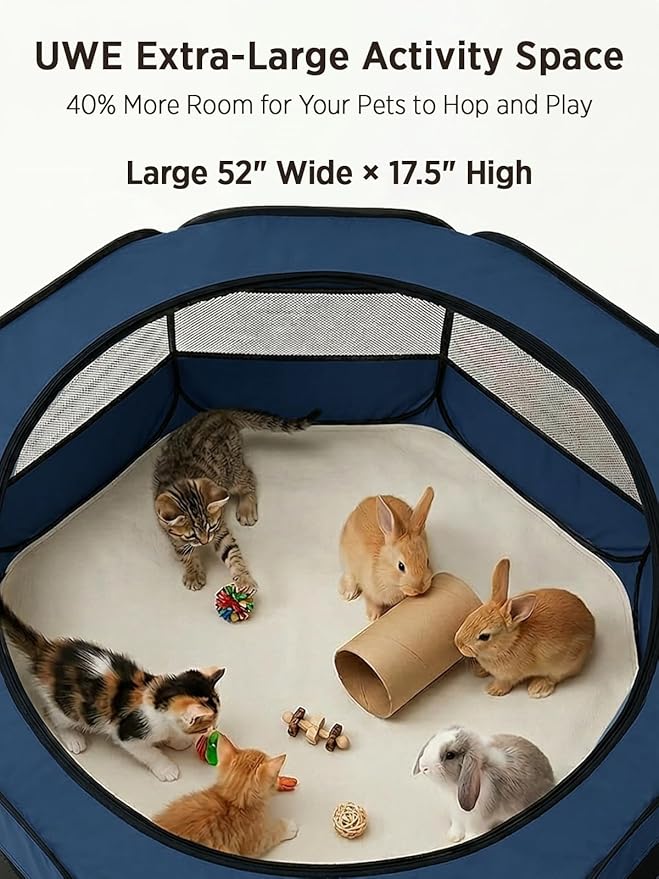 UWE Extra Large Small Animal Playpen, XL Portable Pet Playpen for Rabbit, Kitten, Guinea Pig, Hamster, Puppy – Waterproof Foldable Mesh Tent with Zipper Cover, Indoor Outdoor Use, Blue