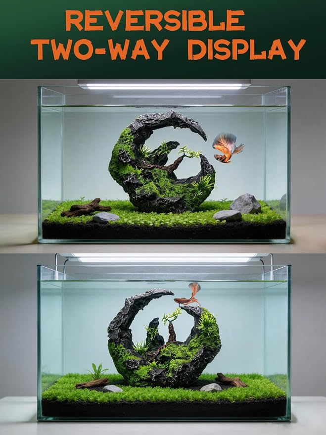 Aquarium Decor - Large Moon Shaped Cave Ornament for Fish Tank, Aquarium Hideout with Rock Texture for Betta, Guppy, Shrimp - Safe Aquatic Decoration,Fish Hiding House (Moon Valley)