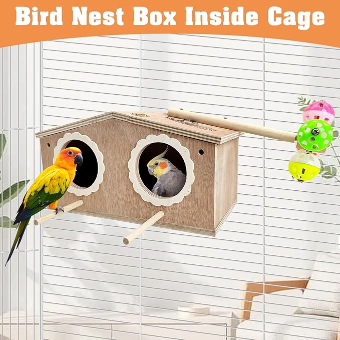 PINVNBY Parakeet Nesting Box Bird House for Cage Wood Bird Breeding Box with Bell Toys for Lovebirds Cockatoo Budgie Finch Canary Small and Medium-Sized Birds (Large: 11.02 * 6.06 * 6.06 inch)