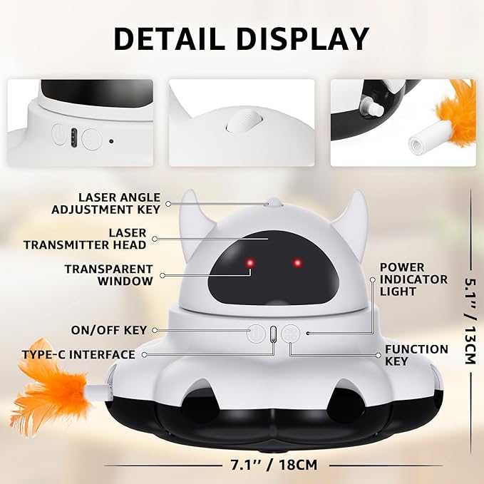 MIKK Cat Laser Feather Toy 2-in-1 Interactive for Indoor Cats Automatic with Remote Control USB-C Rechargeable, No Batteries Needed, Easy Setup, Multi-Cat Use Electronic Kitten Exercise Toy