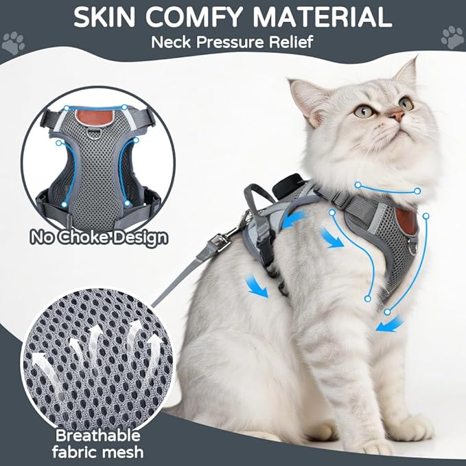 Cat Harness and Leash Set with Holder Compatible with AirTag, Escape Proof Kitten Harness with Lead for Small Cats, Soft Mesh Puppy Jacket Vest for Outdoor Walking, Reflective & Adjustable, Grey, S